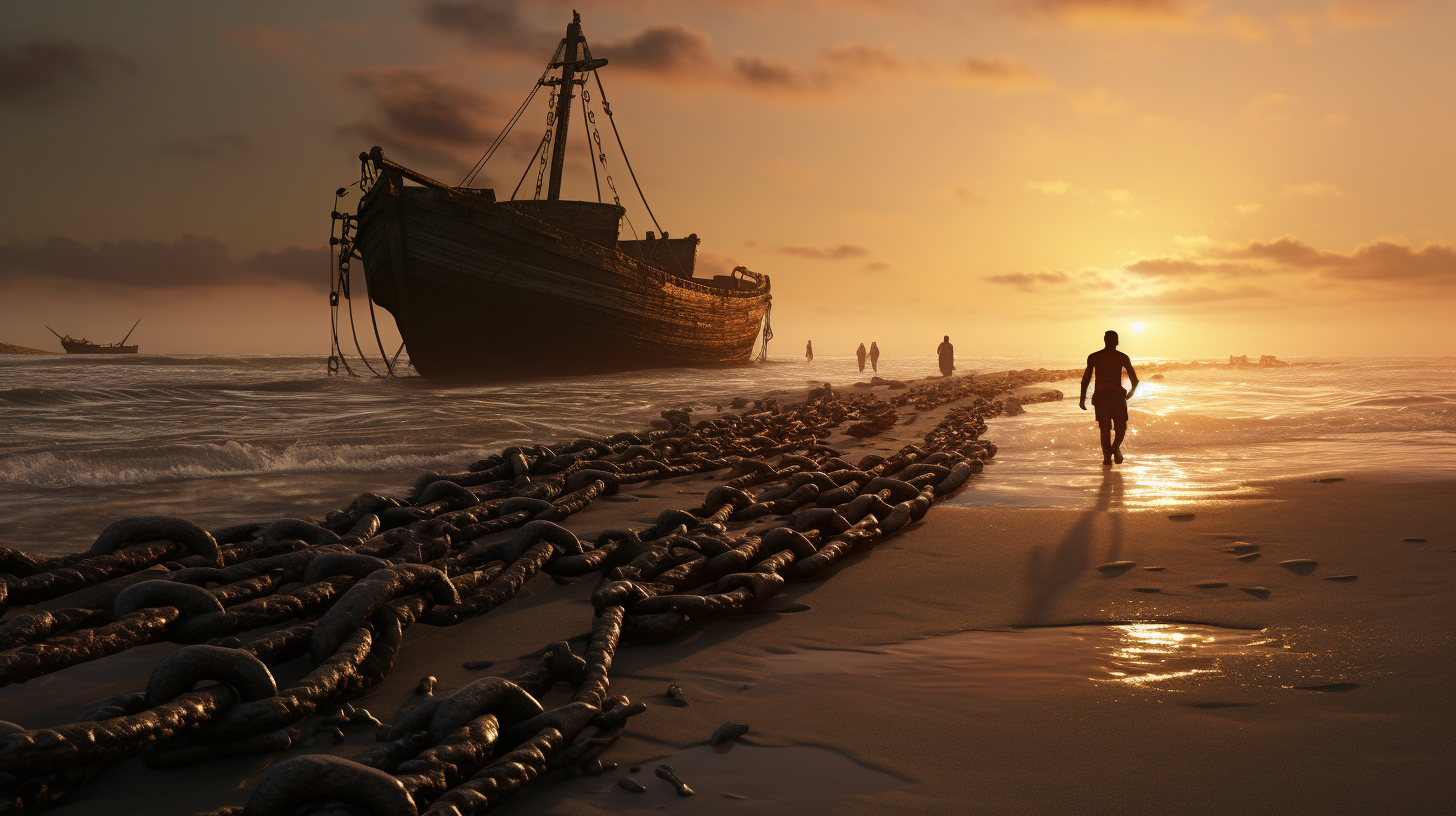 Black people walking in chains on beach 3D