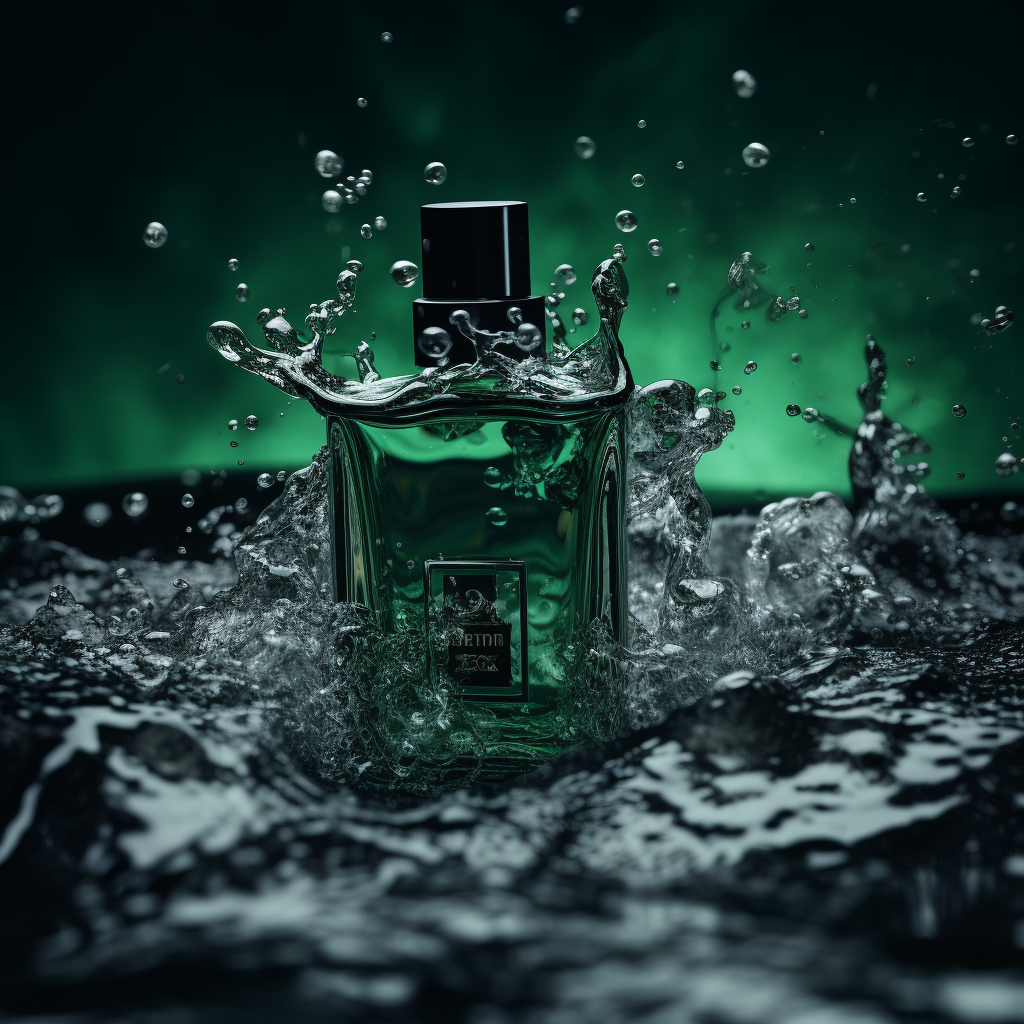 Black perfume drowning in dark green water