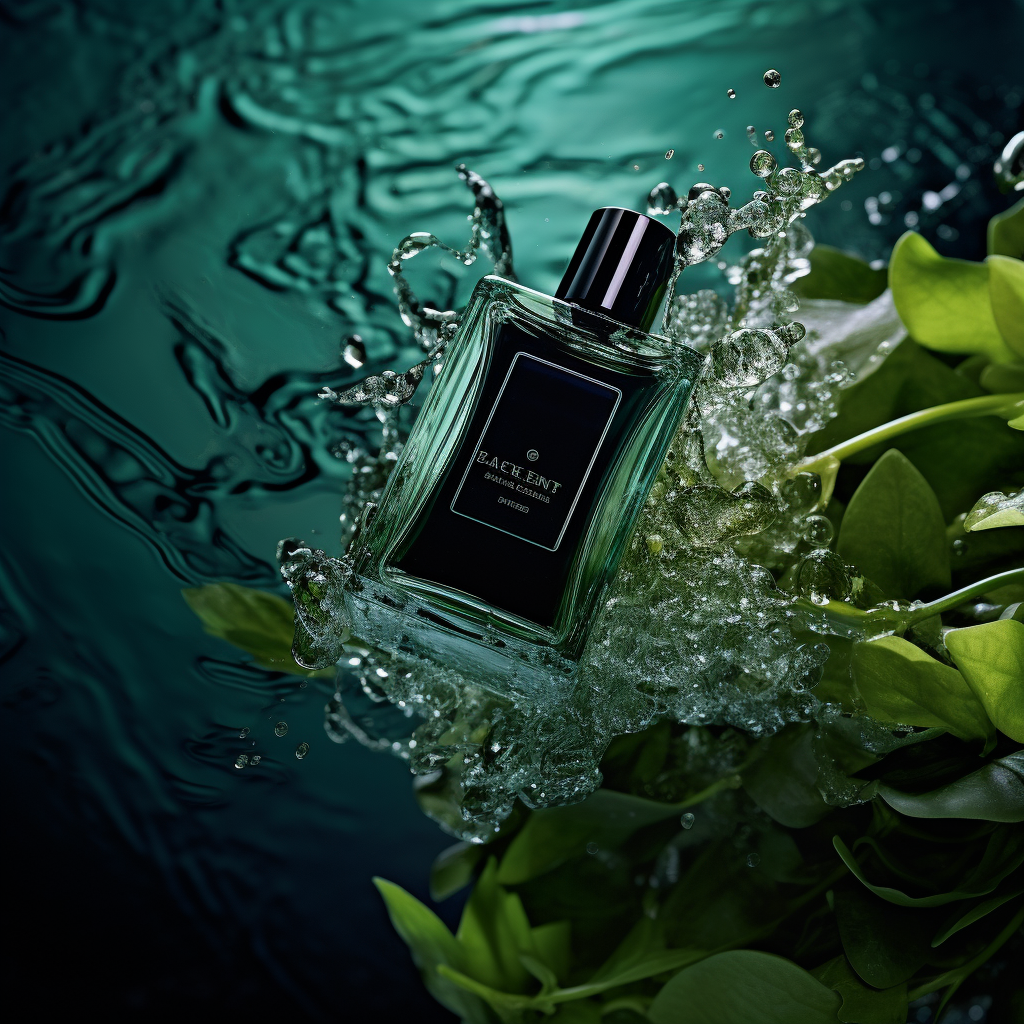 Perfume bottle on dark green water