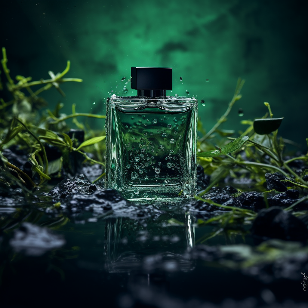 Black perfume on dark green water