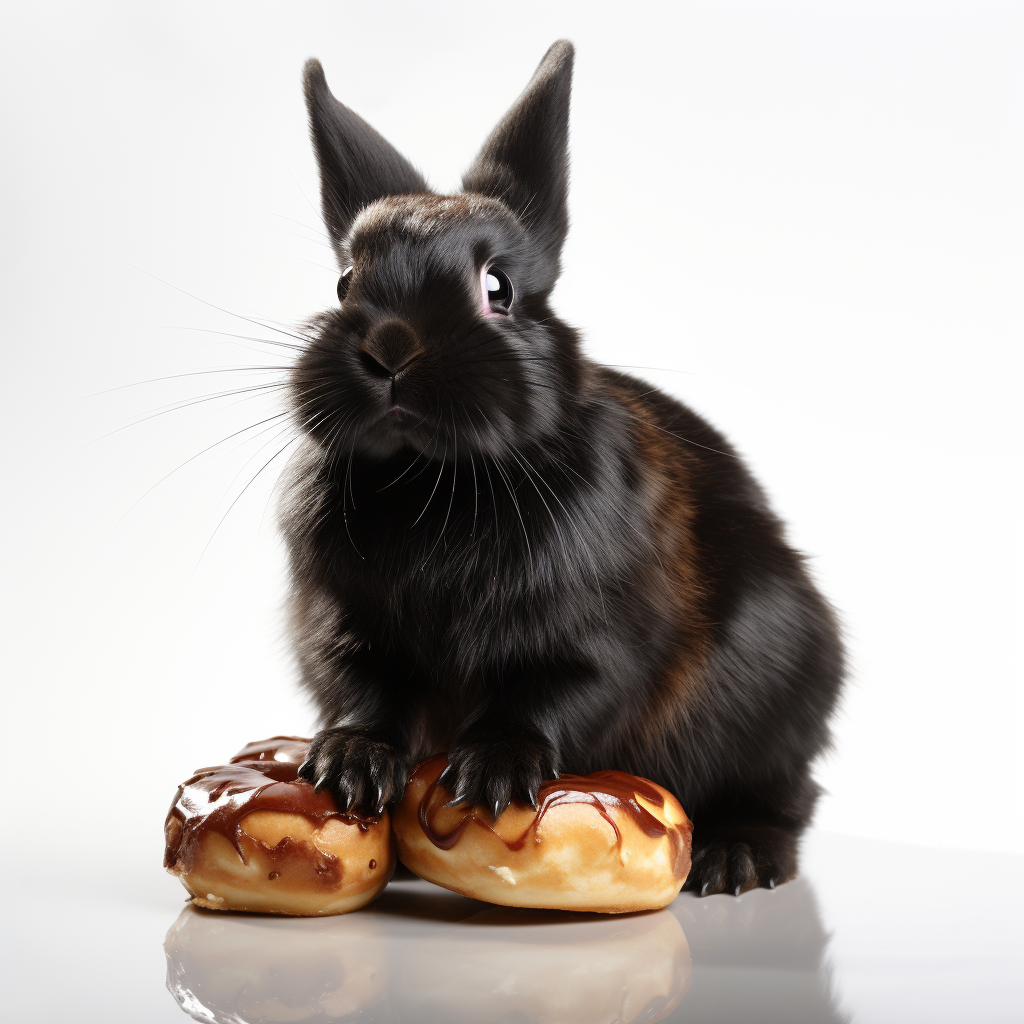 Cute black pet rabbit enjoying a cinnamon roll