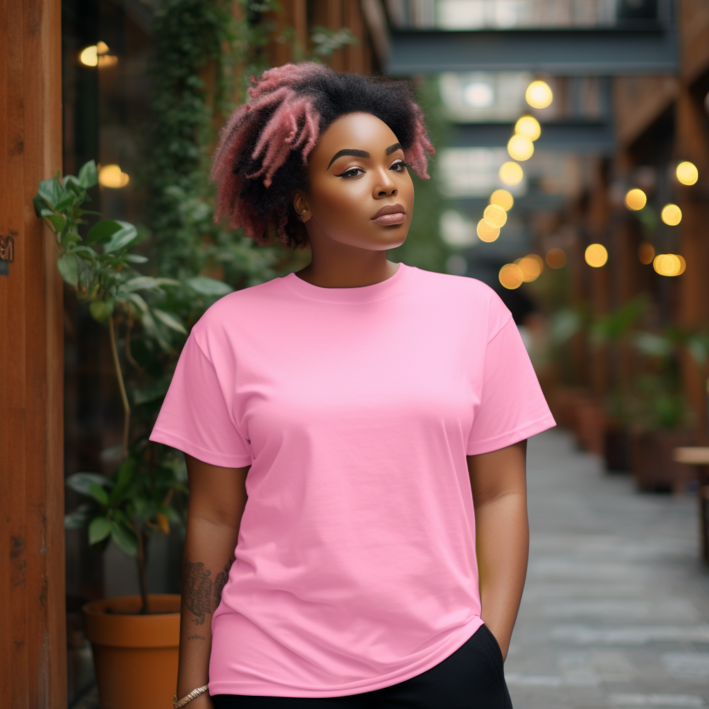 Black plus size model wearing pink cotton tshirt mockup