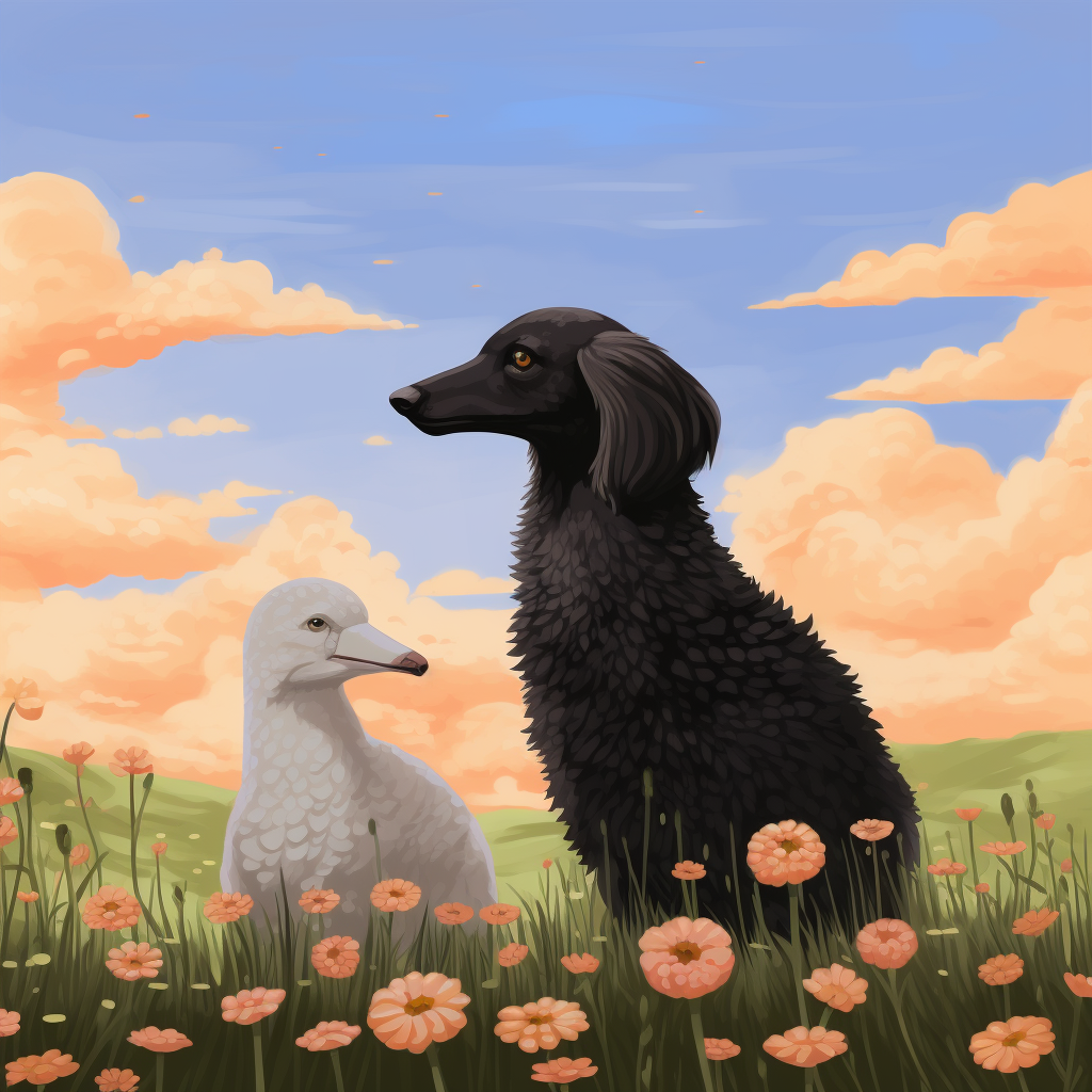 Black Poodle and Goose in Flower Field