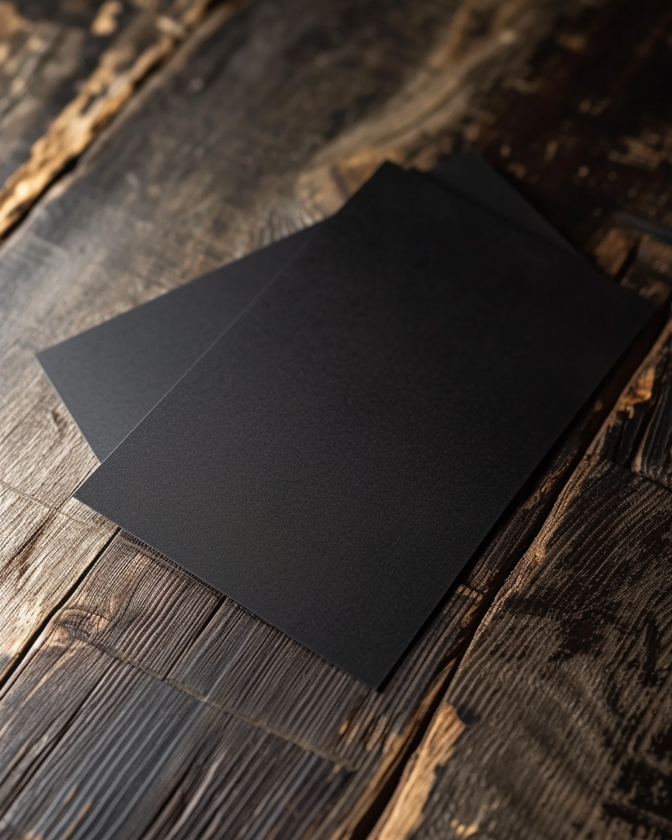 Black postcard on wooden table