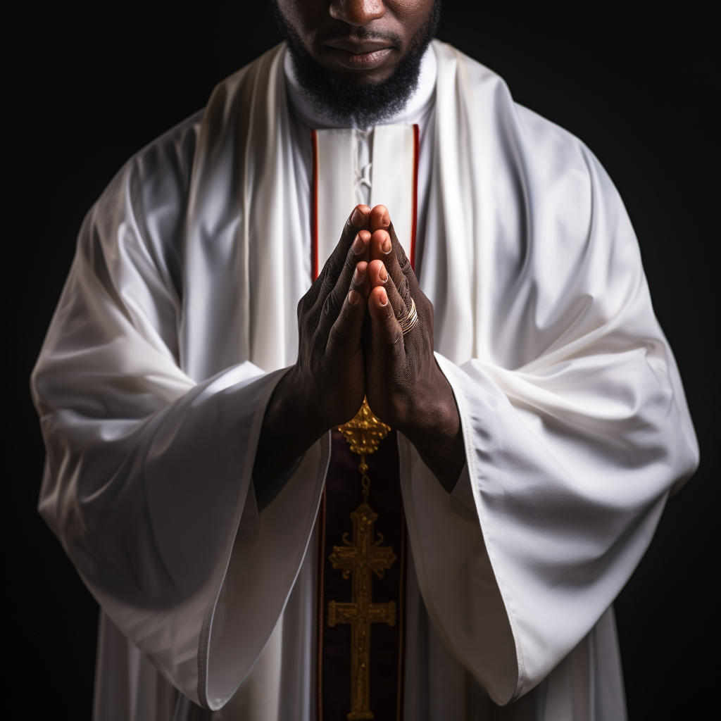 Black priest praying with clasped hands