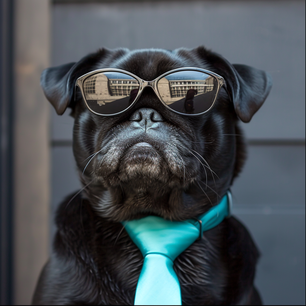 Black pug dog with spy sunglasses and tie