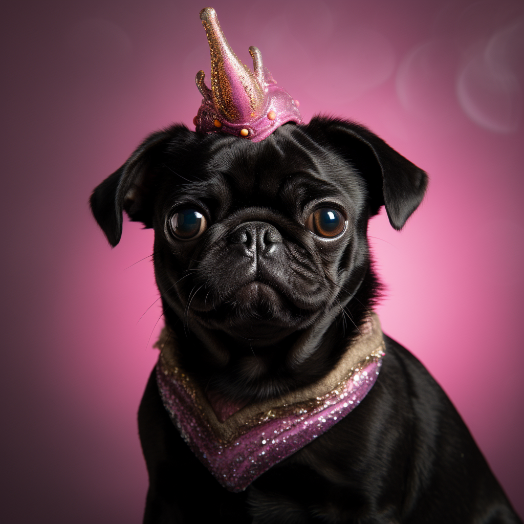 Cute black pug dog unicorn hybrid