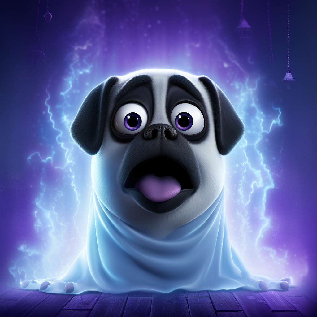 Cute black pug in ghost costume