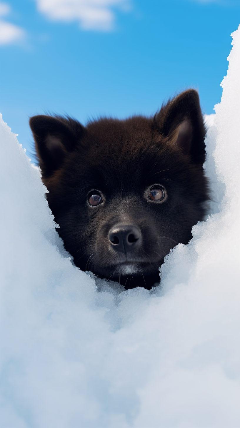 Black puppy Shiba dog peeking in snow