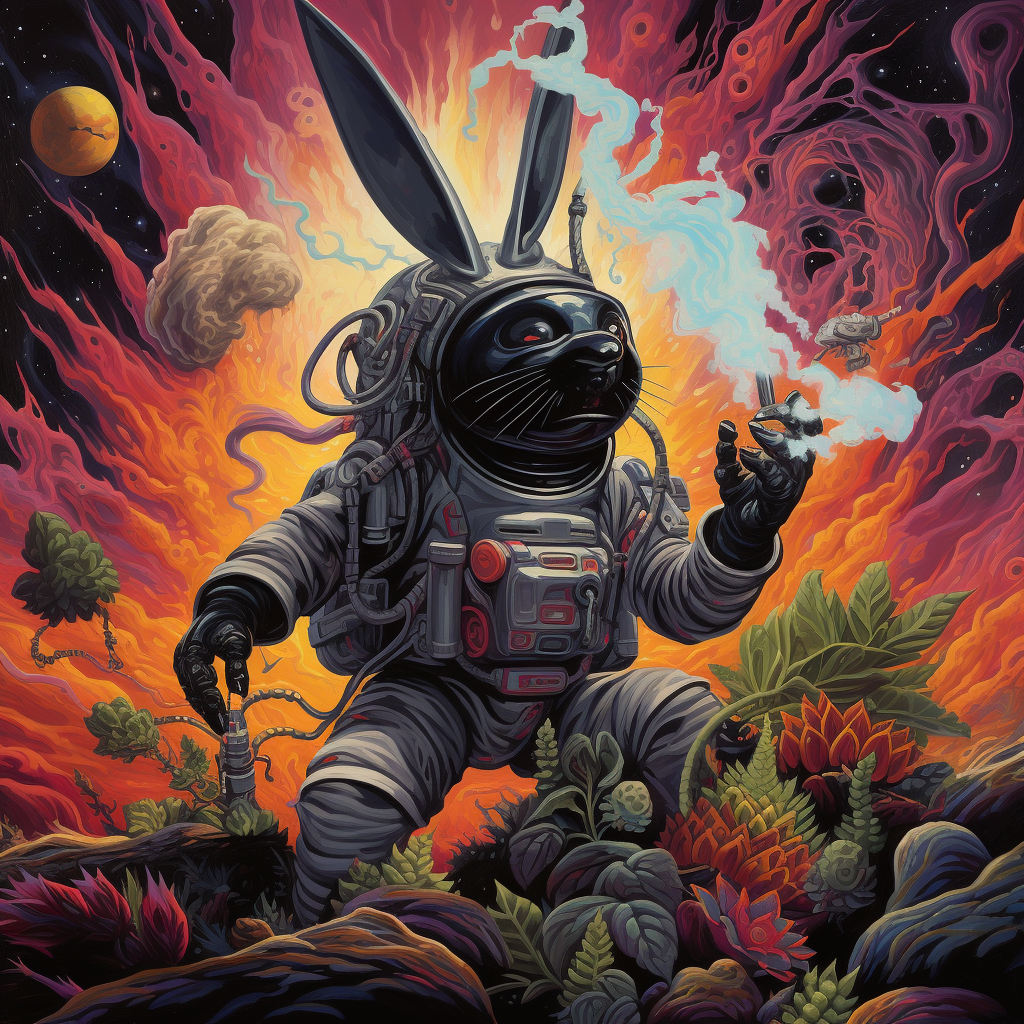 Black rabbit venom monster astronaut smoking cannabis