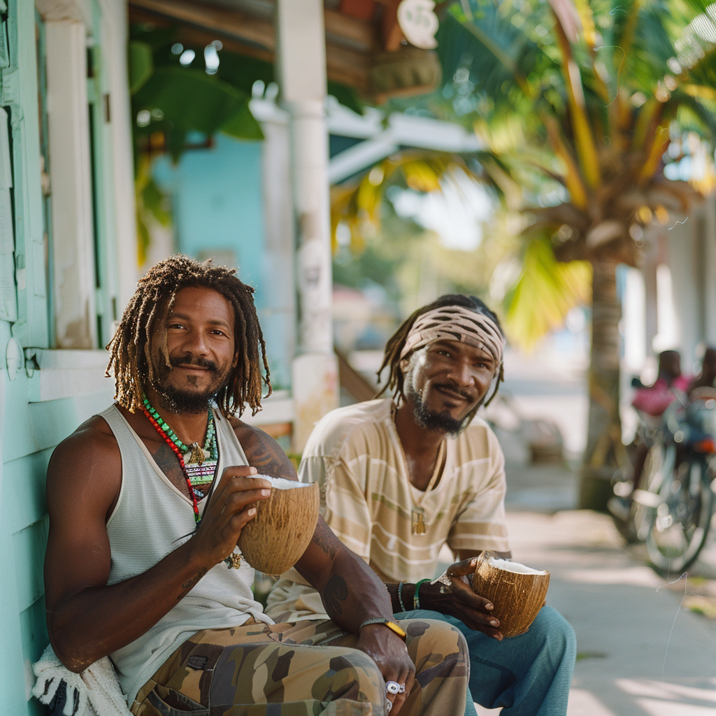 Rasta man coconuts village friends