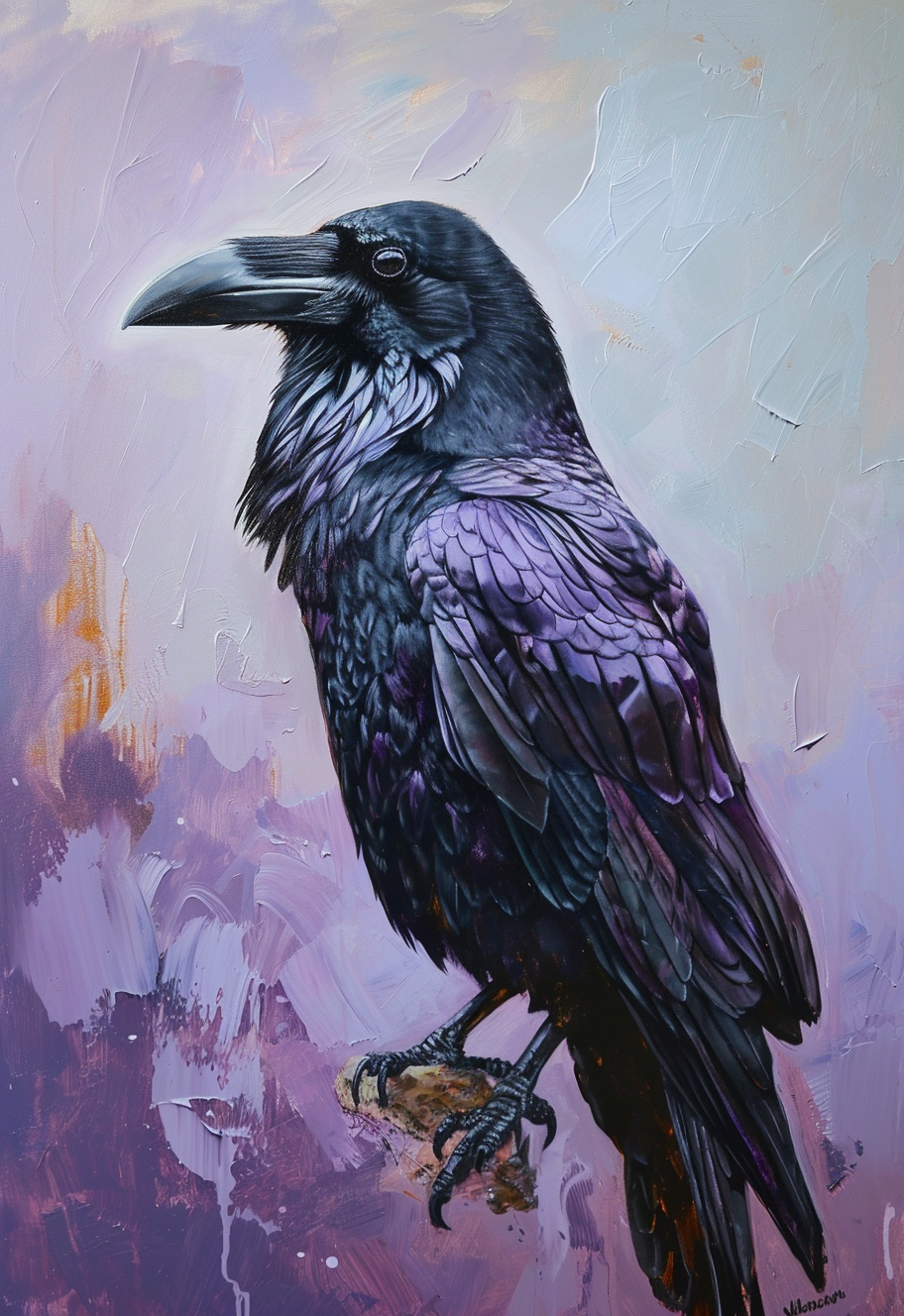 Detailed oil painting of a black raven