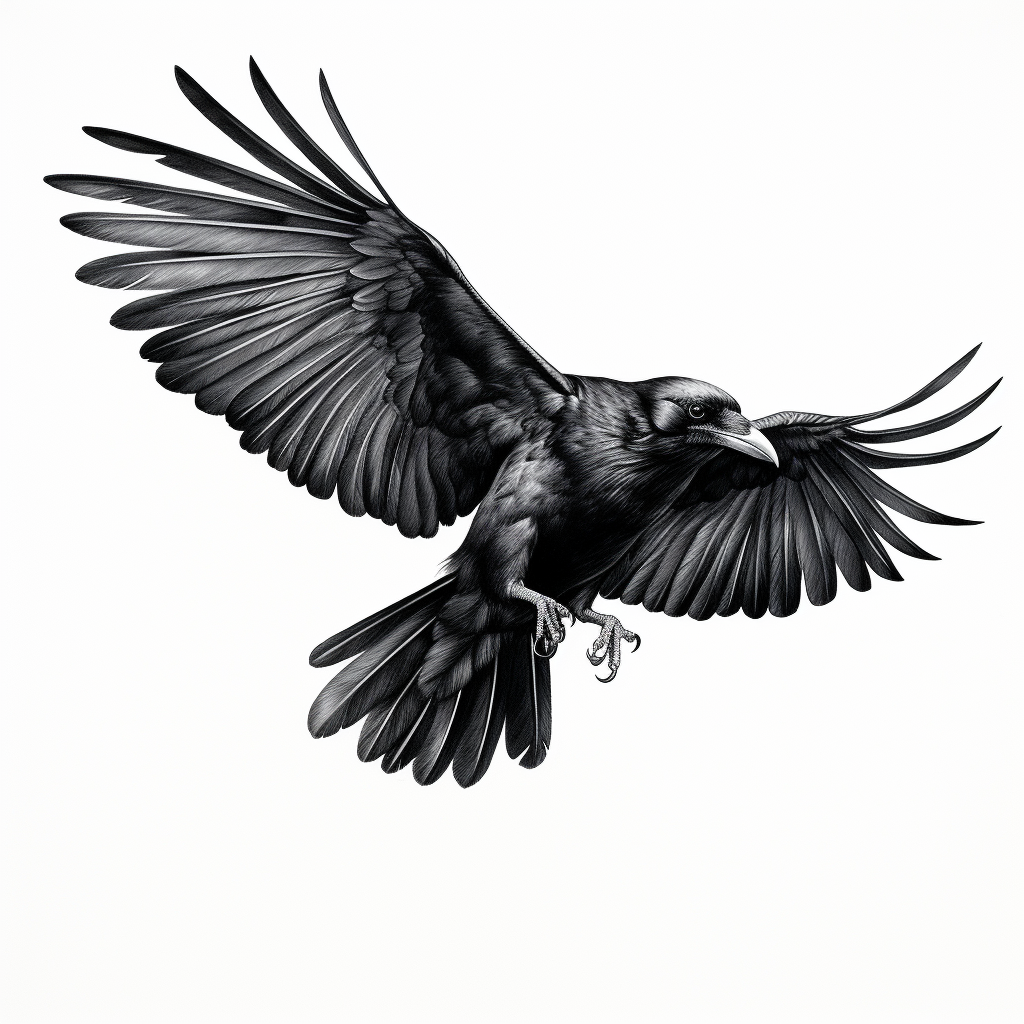 Black raven flying on white background