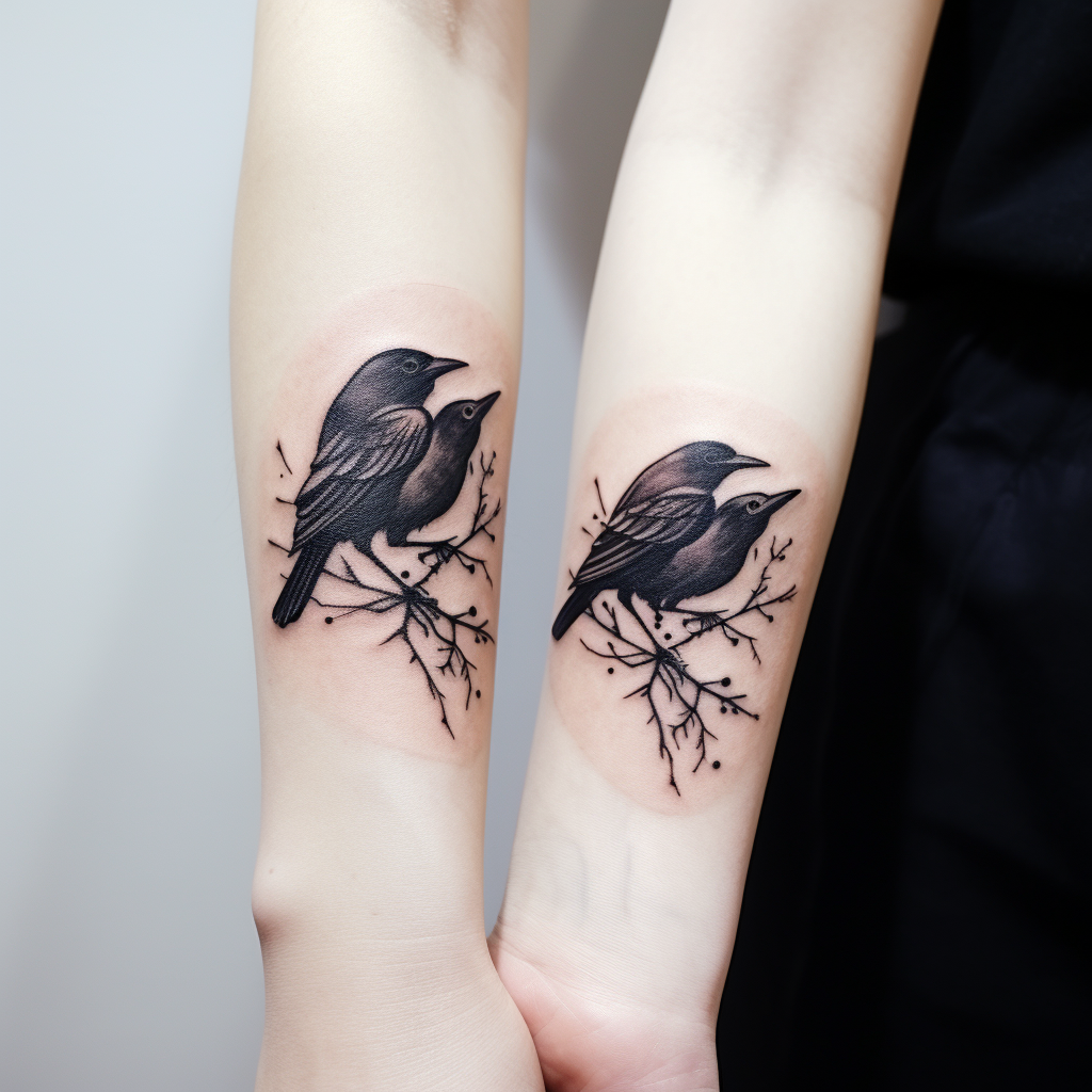 Black ink wrist tattoo of ravens