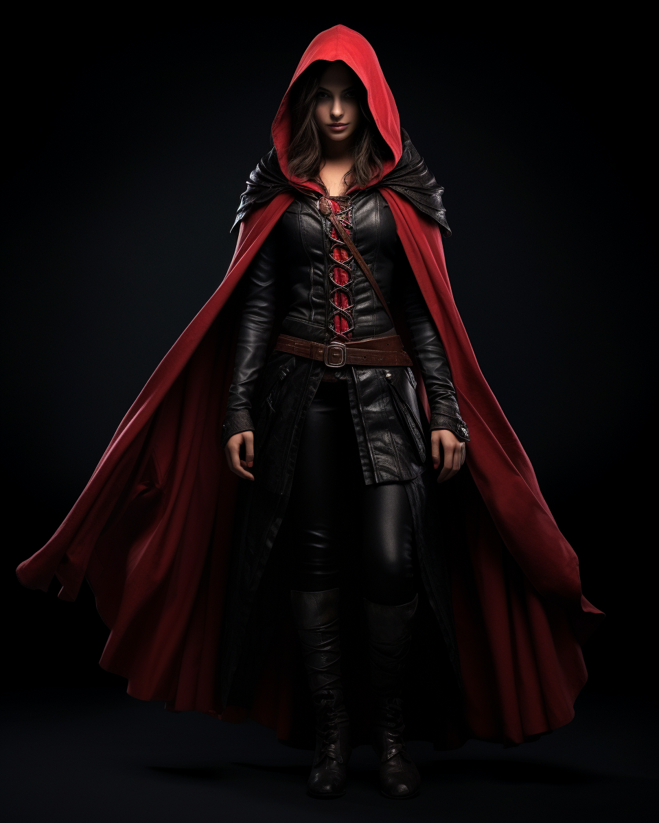 Elegant female assassin in black and red cloak