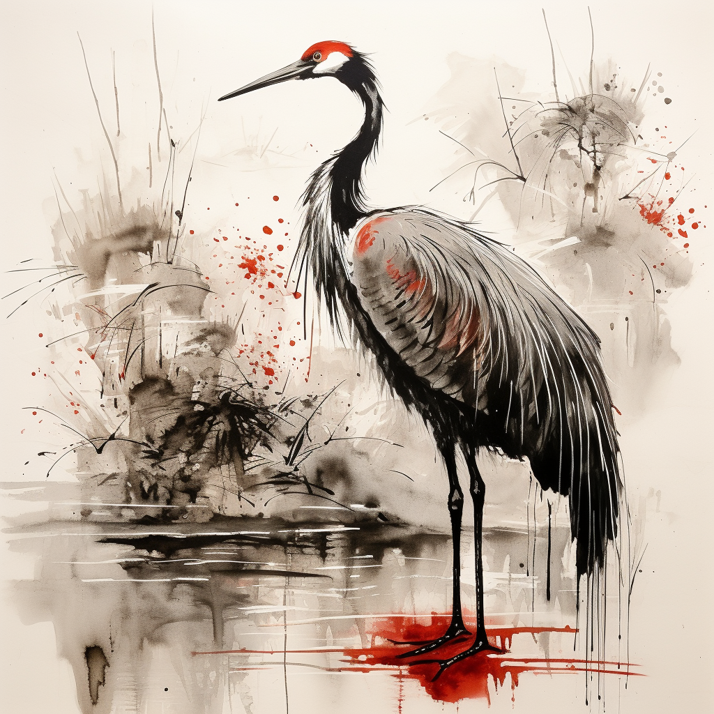 Whimsical black and red ink crane art