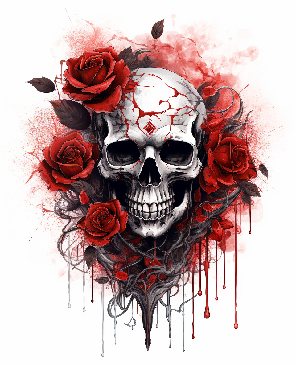 Black and red roses with macabre skull