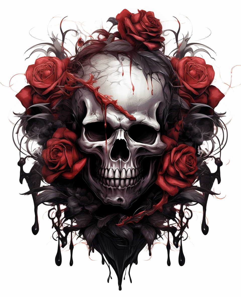 Intricate black and red roses with skull