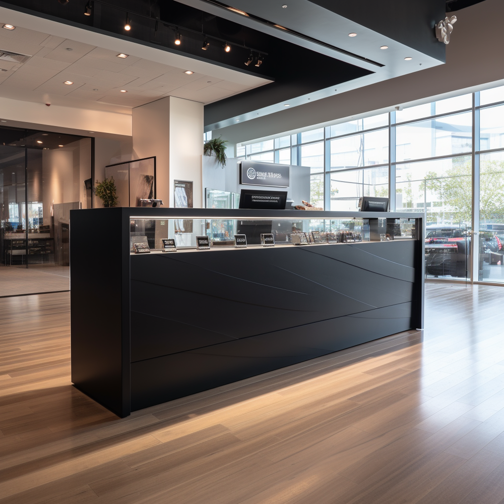 Black retail service counter with full vision display