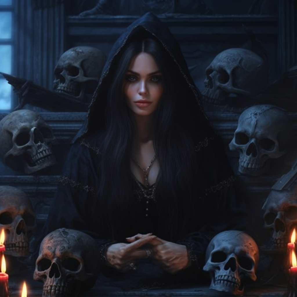 Beautiful black-robed necromancer woman with long black hair