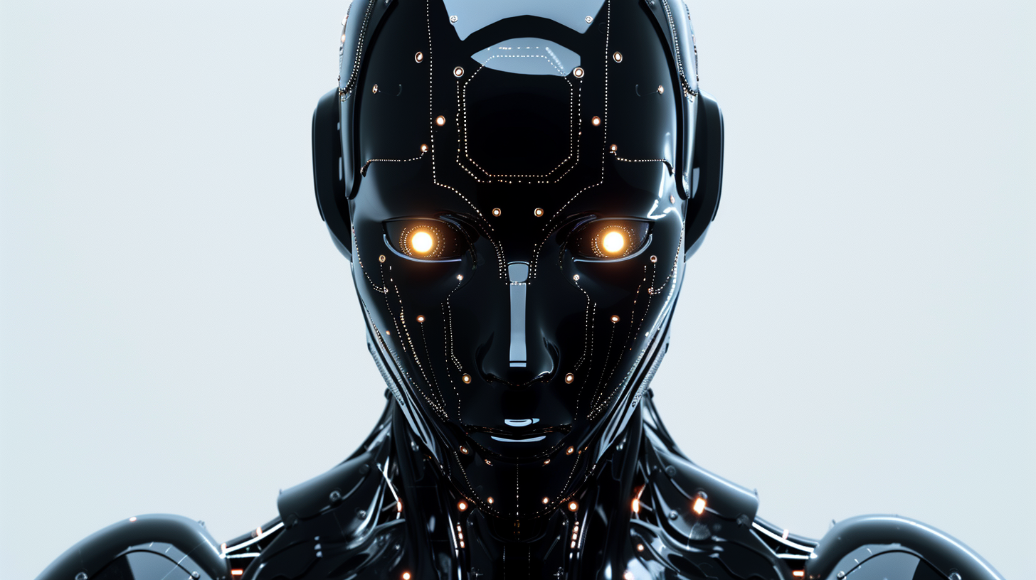 Black robot with glowing computer circuits on face