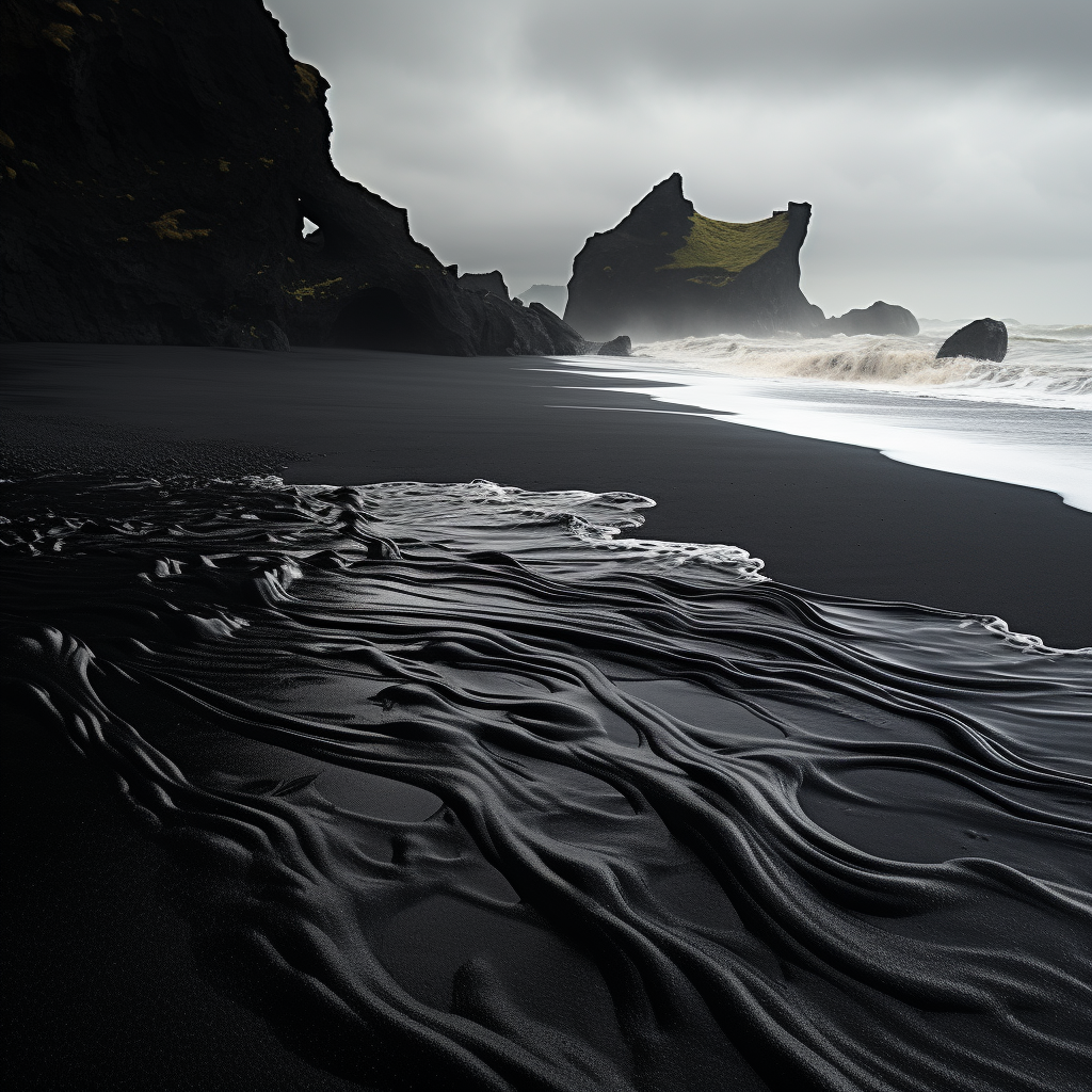 Scenic black sand beach landscape