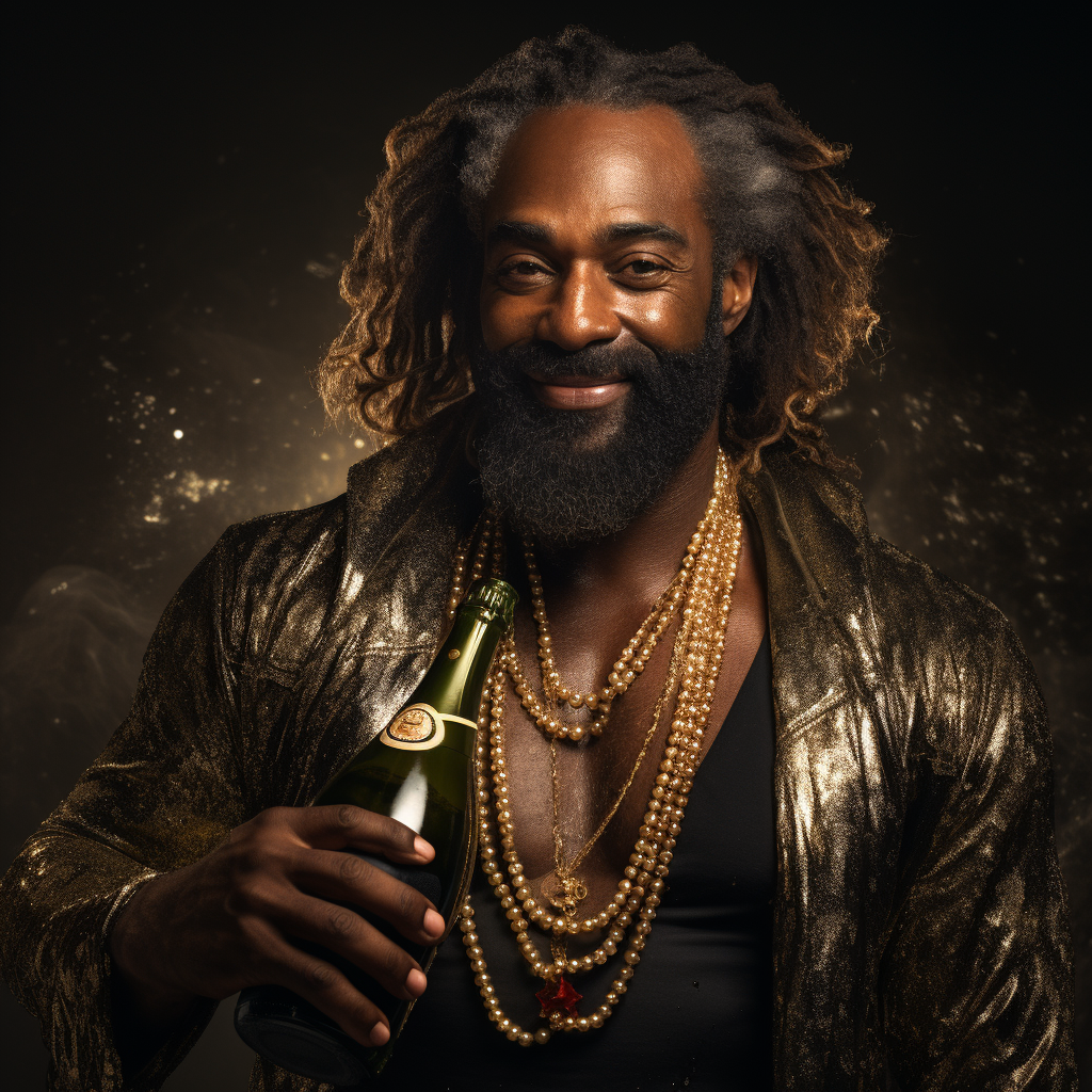 Confident Black Santa Claus with Champagne