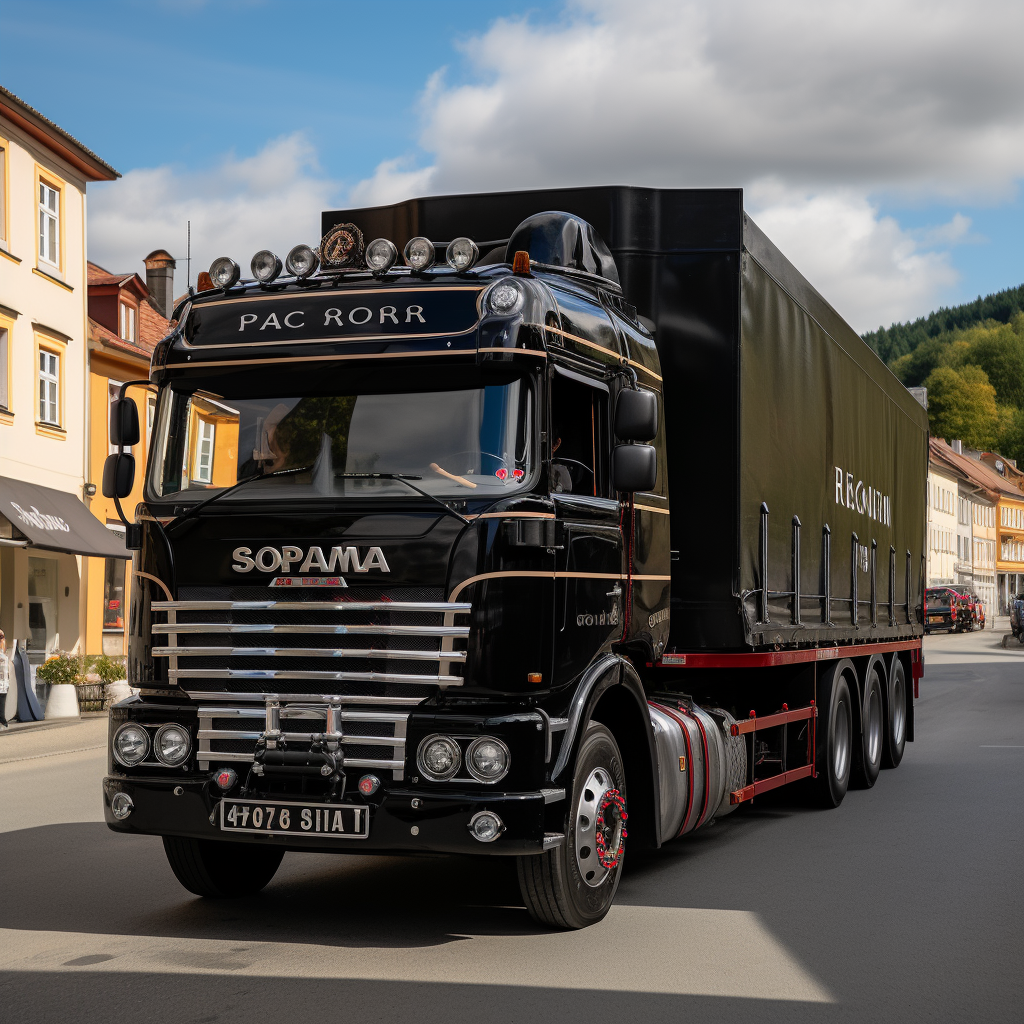 Black Scania truck in the forest