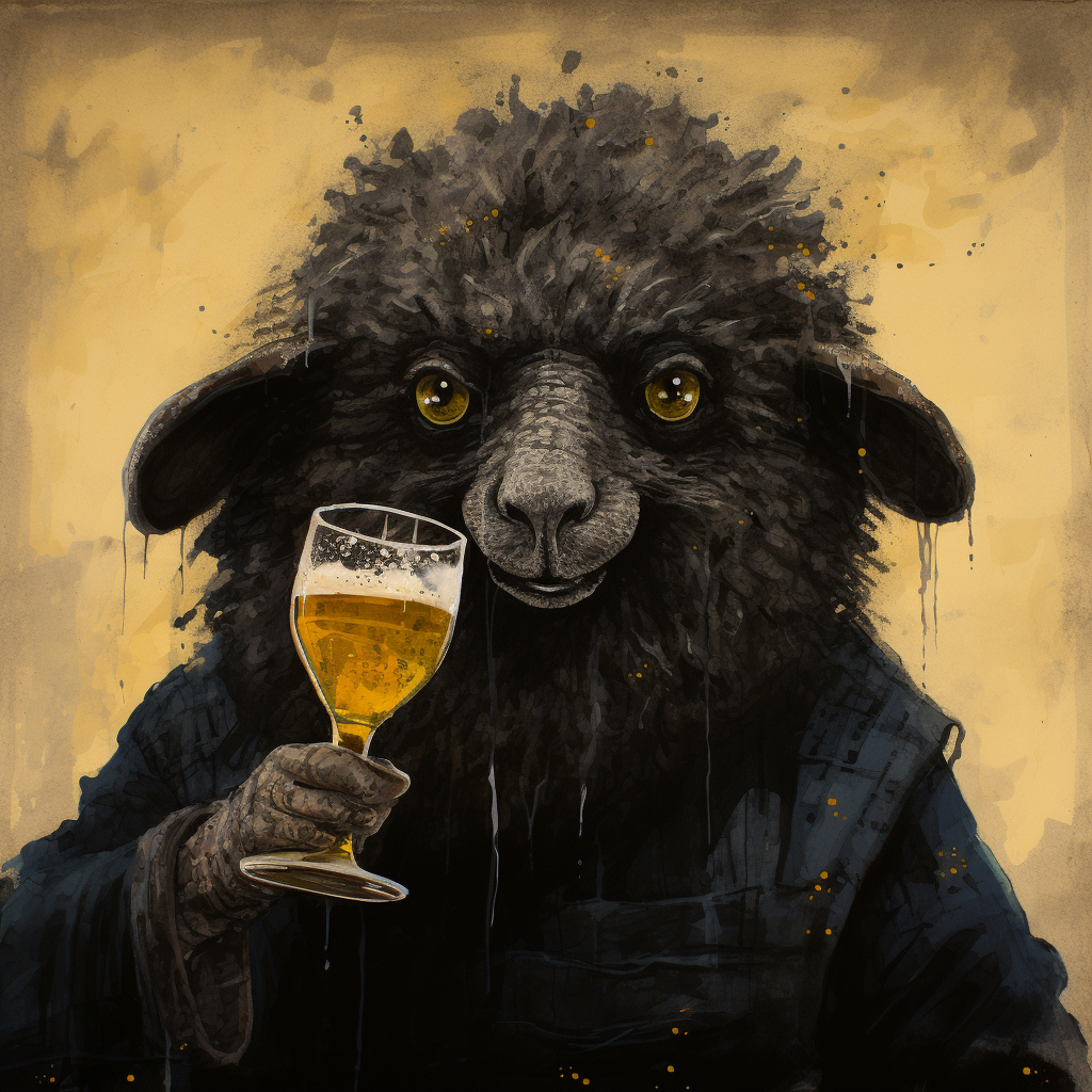 Playful black sheep enjoying a beer