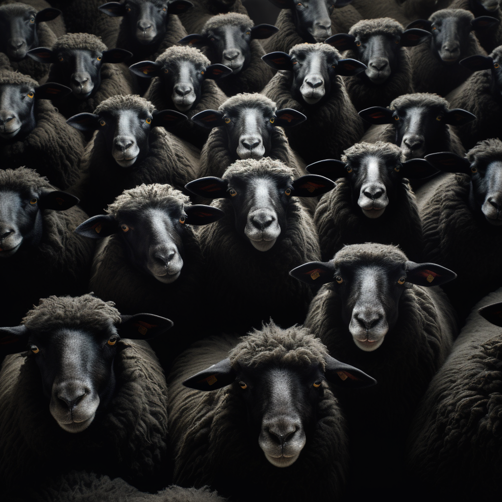 Black sheep surrounded by a herd on plain background