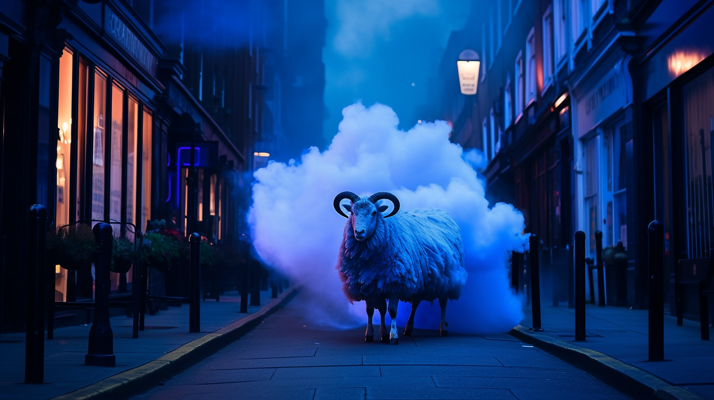 Black sheep walking on brightly lit Carnaby Street at dusk