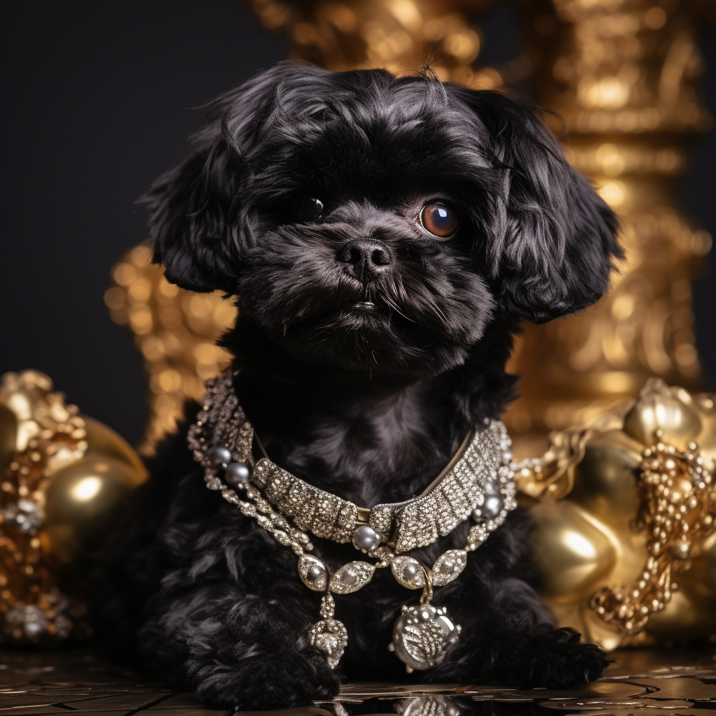 Stylish black shih tzu poodle mix with gold jewelry