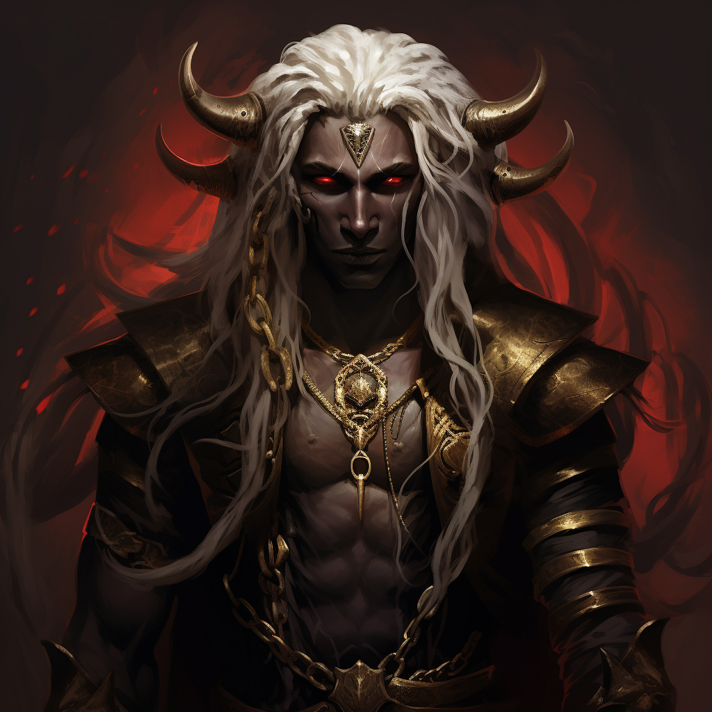 Black skinned male tiefling with gold-adorned horns