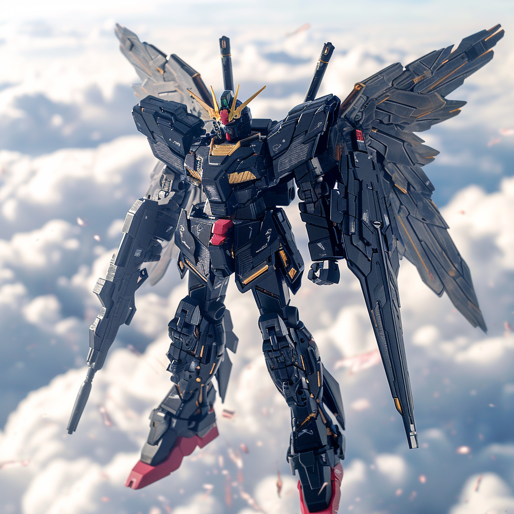 Black Spacegrey Gundam Figure on Clouds with Birds