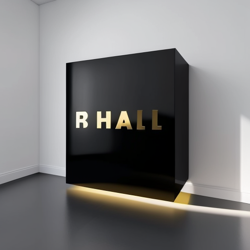 Black square acrylic with shiny gold lettering on white wall