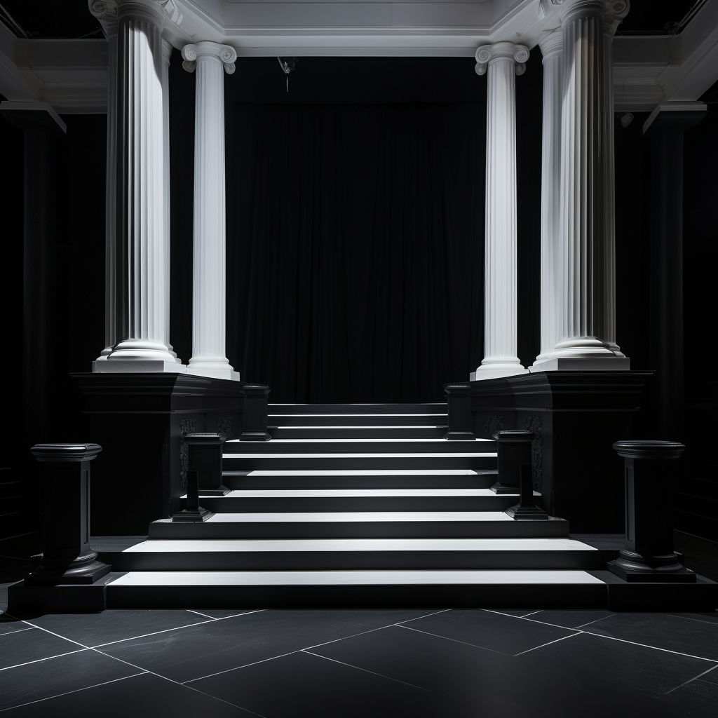 Black stage with white staircase and Greek column