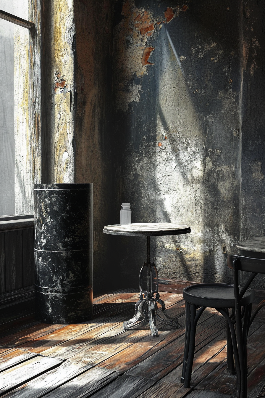 Black stone cylinder on wooden cafe floor