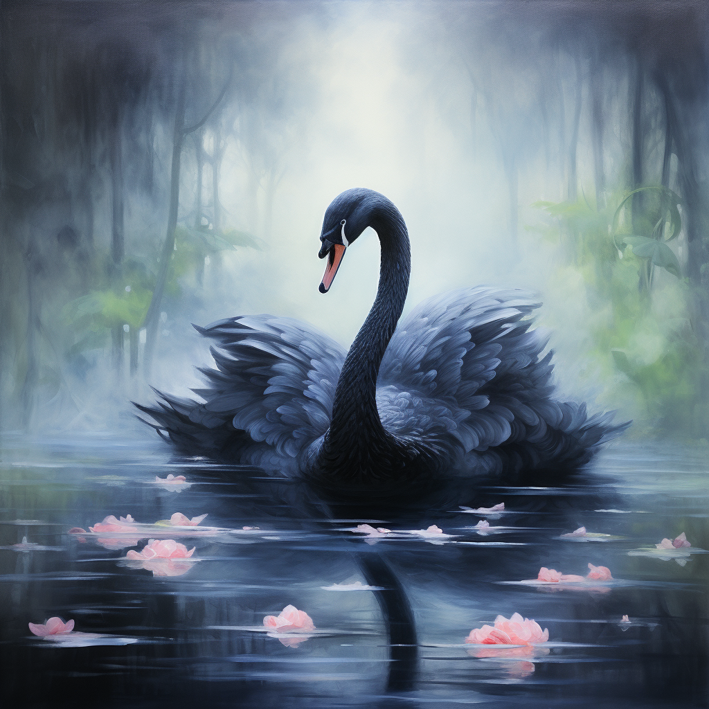 Black swan swimming gracefully in misty pond