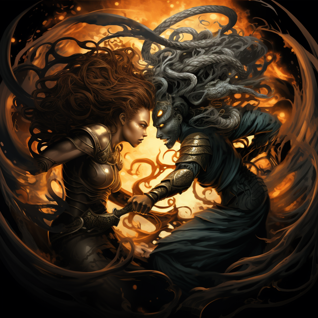 Black and Tan Medusa fighting Perseus