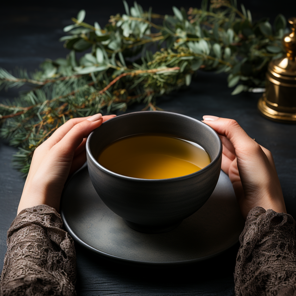 Female hands holding black tea cup on cement table