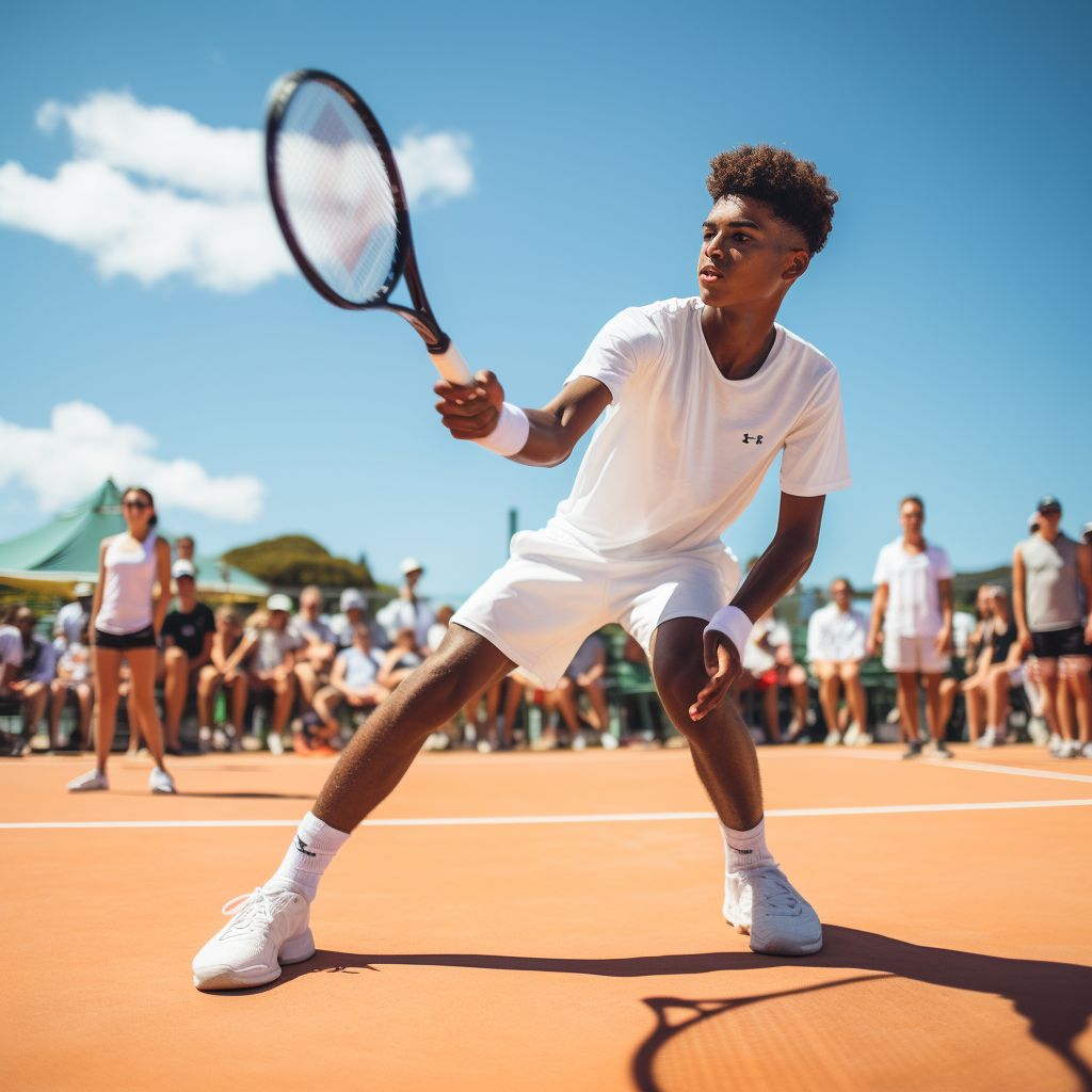 Black Teenage Tennis Player Smashing Ball at Youth Tournament