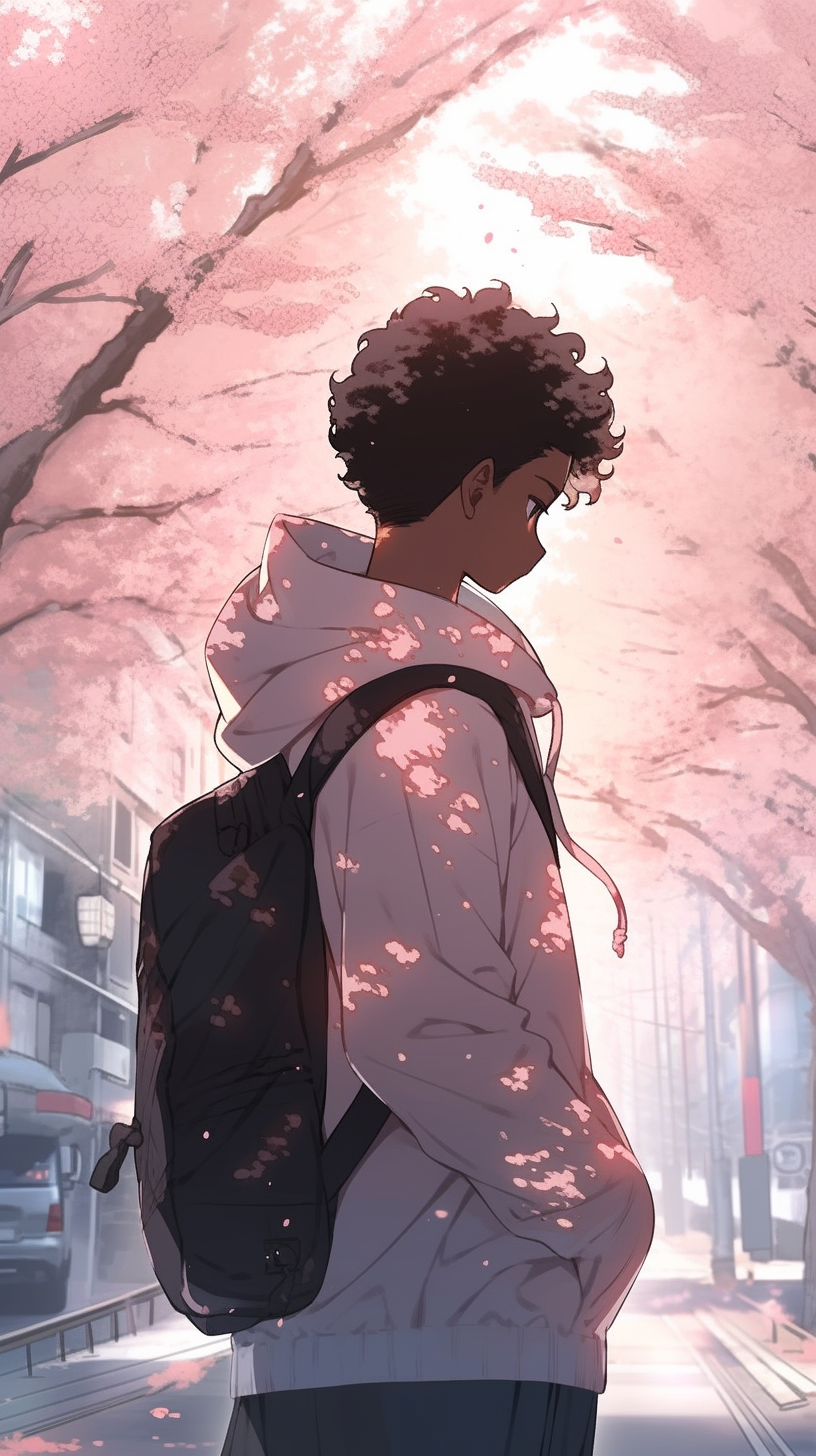 Black teenager in Tokyo Japan wearing a plain hoodie with cherry blossom trees