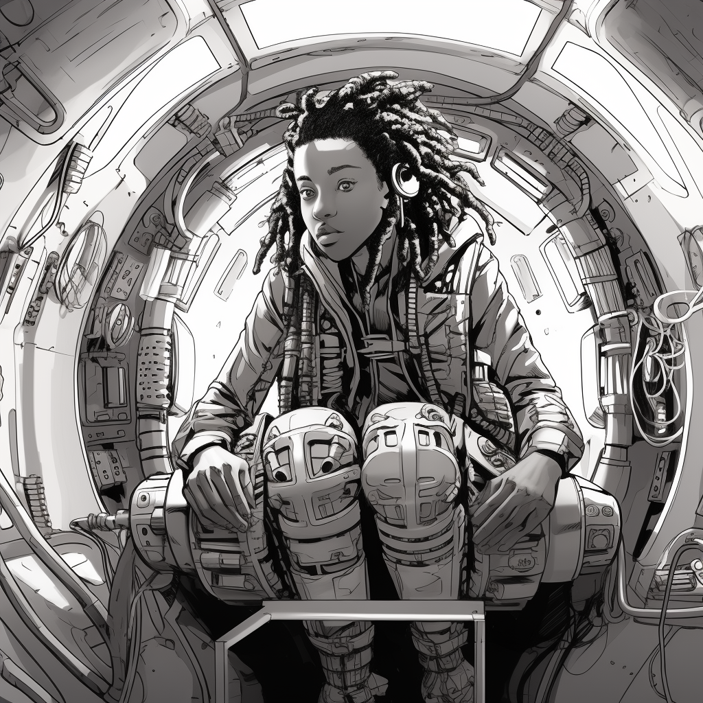 Black teenager in Viking armor with dreadlocks inside spaceship