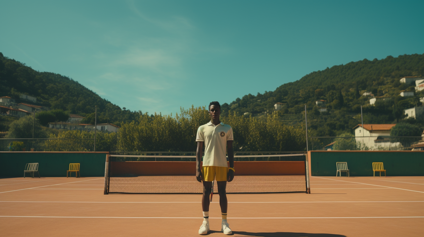 Black tennis player serving on clay court