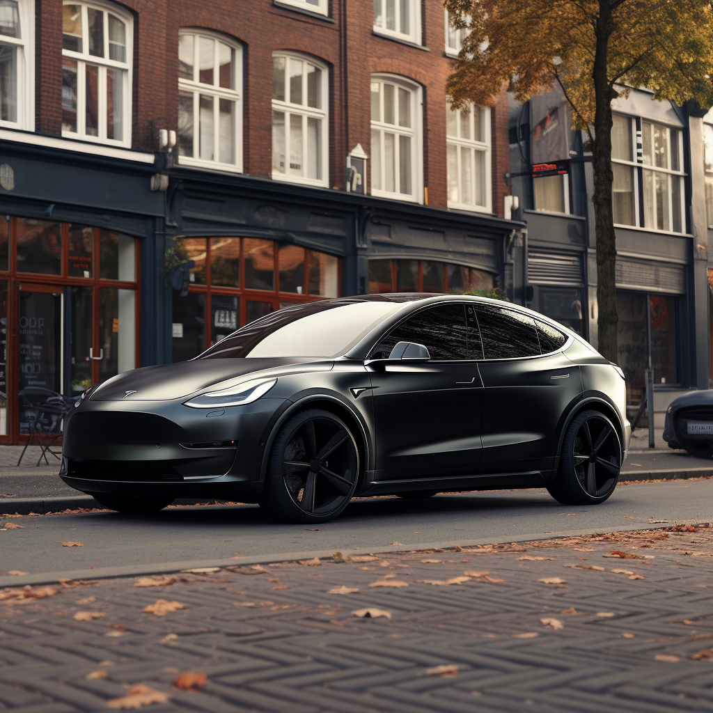 Black Tesla Model Y with Vossen Wheels on Dutch Street