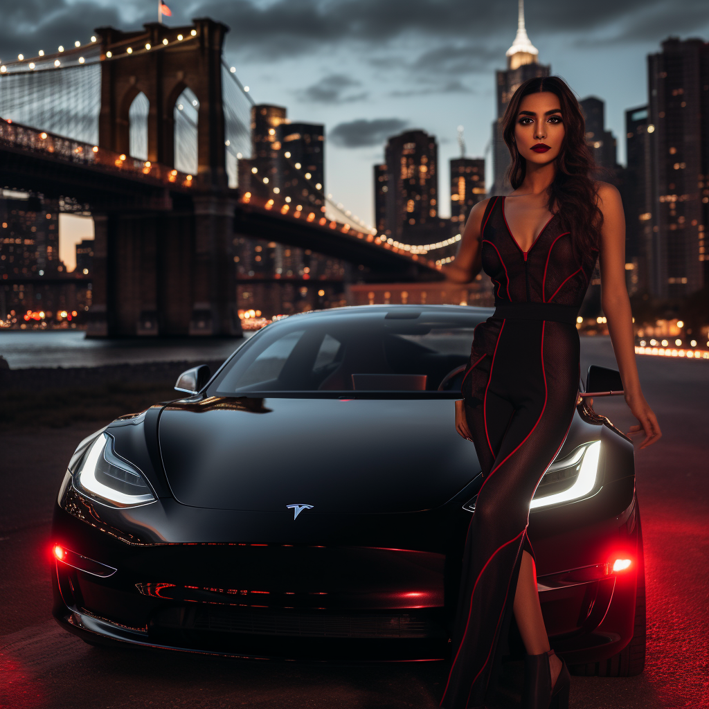 Spanish girl with Black Tesla and New York Skyline