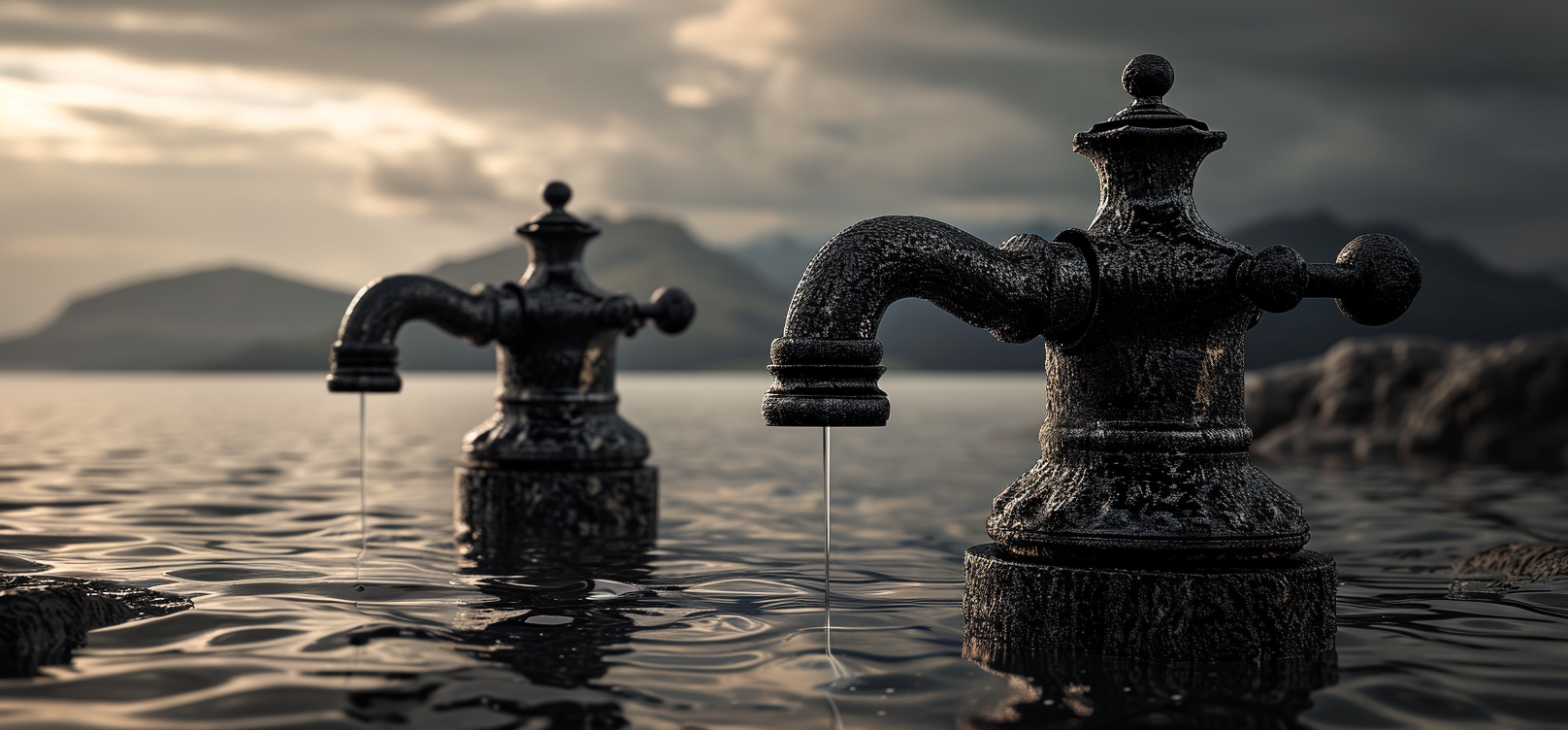 Two black textured faucets on the water surface