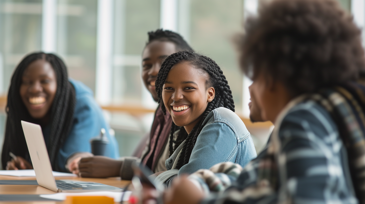 Smiling black university students in classroom