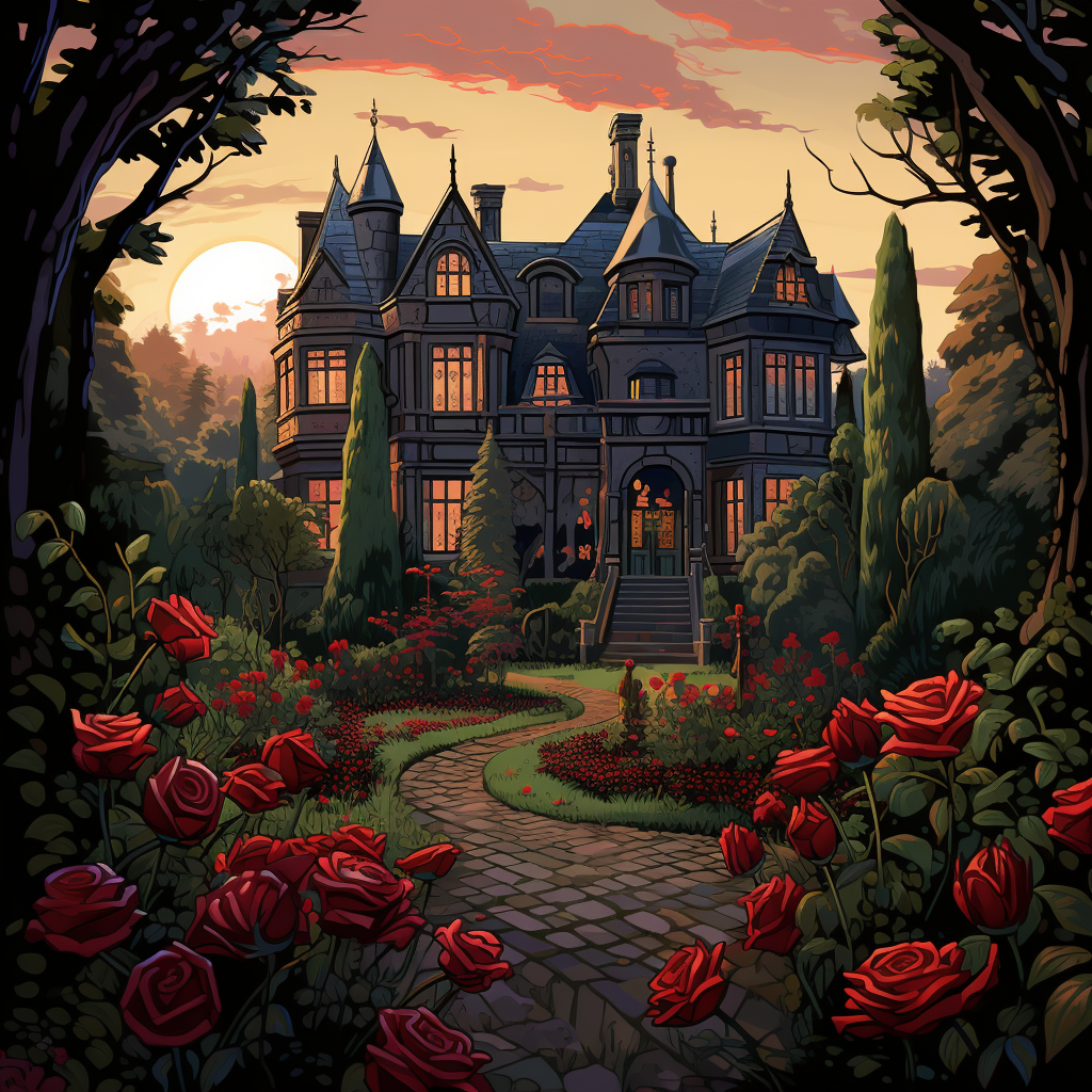 Victorian manor surrounded by red roses