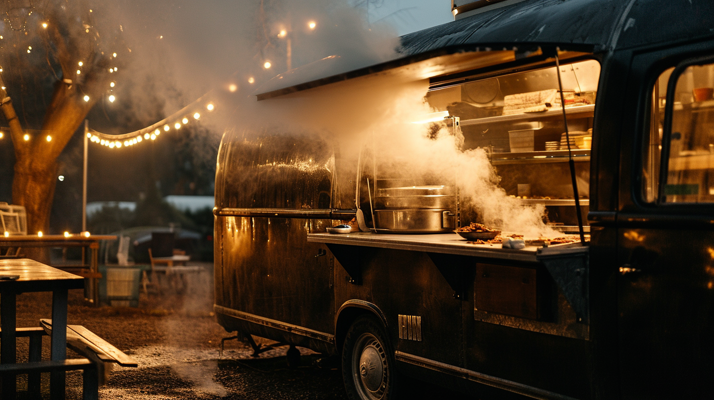 Black vintage food truck at night